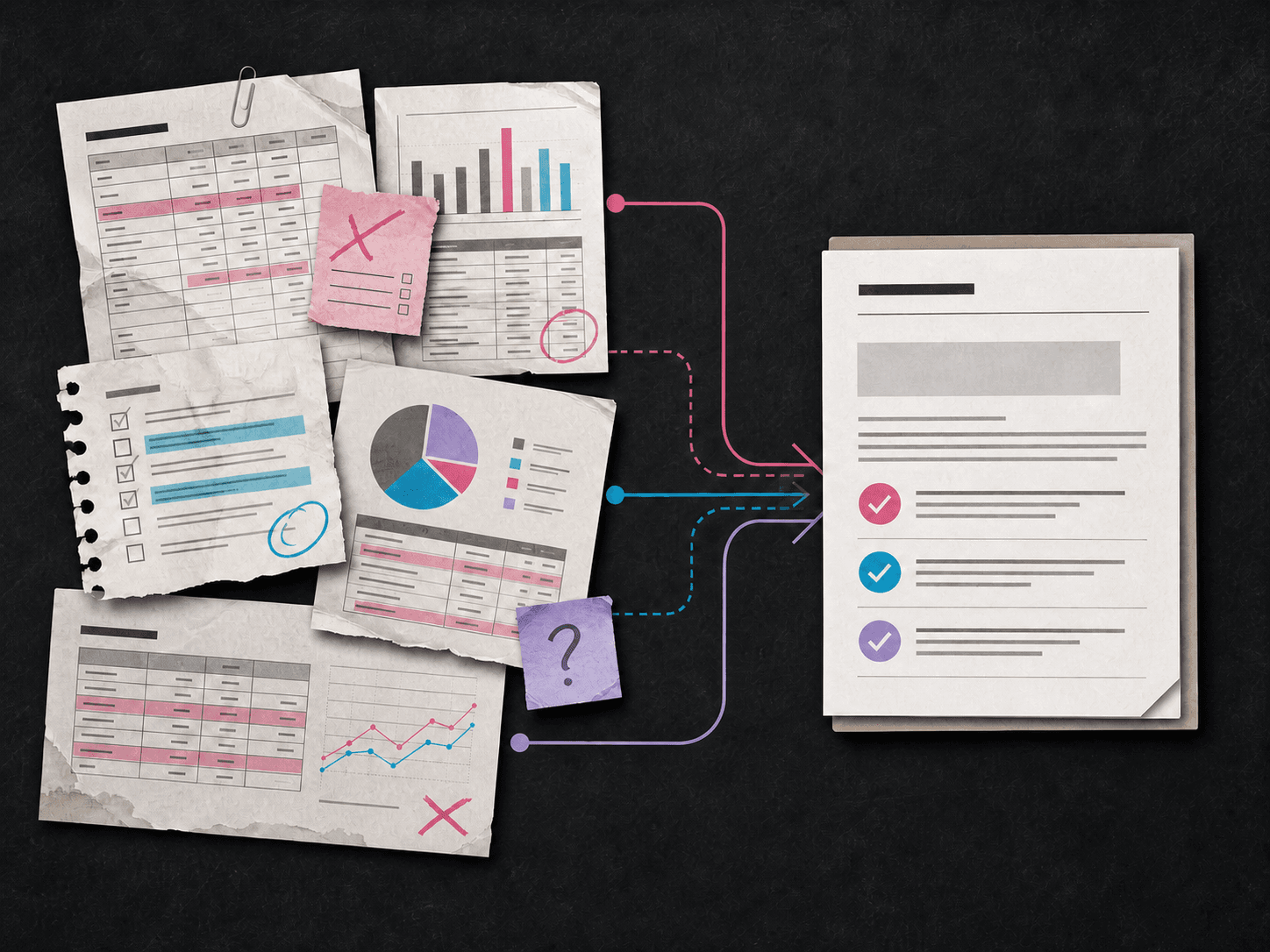 Scattered revenue-cycle records being reconciled into a clear findings brief